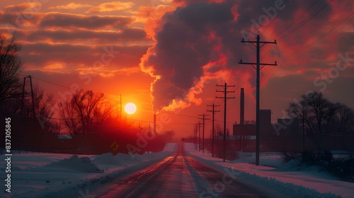 Winter sunset, silhouetted power plant with smoke from burned coal pipes visible