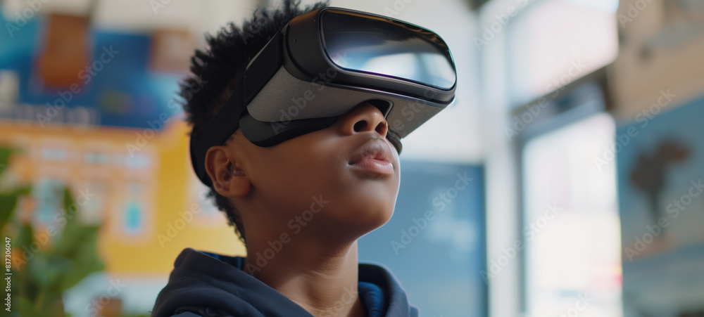 A boy wearing a VR headset in school, looking up at the sky with wonder and excitement A boy wearing a VR headset in school, looking up at the sky with wonder and excitement