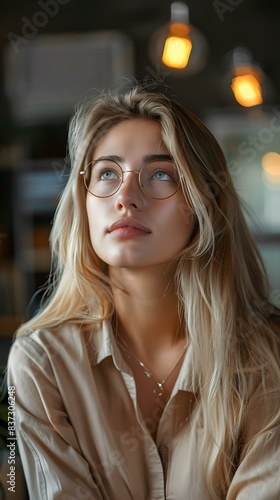 Portrait of a beautiful blonde woman wearing glasses looking up photo