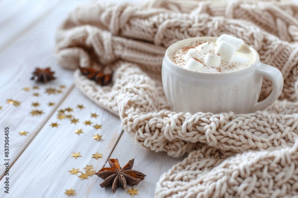 Cozy winter composition, cup with hot chocolate or cocoa with marshmallow and pile of warm knitted clothes on white wooden rustic background. Comfy and soft winter at home, free space for text Cozy winter composition, cup with hot chocolate or cocoa with marshmallow and pile of warm knitted clothes on white wooden rustic background. Comfy and soft winter at home, free space for text