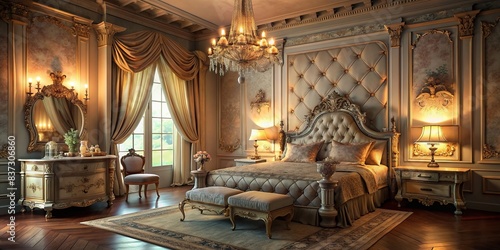 Luxurious antique-style bedroom with ornate decor and soft candlelight, perfect for a romantic setting