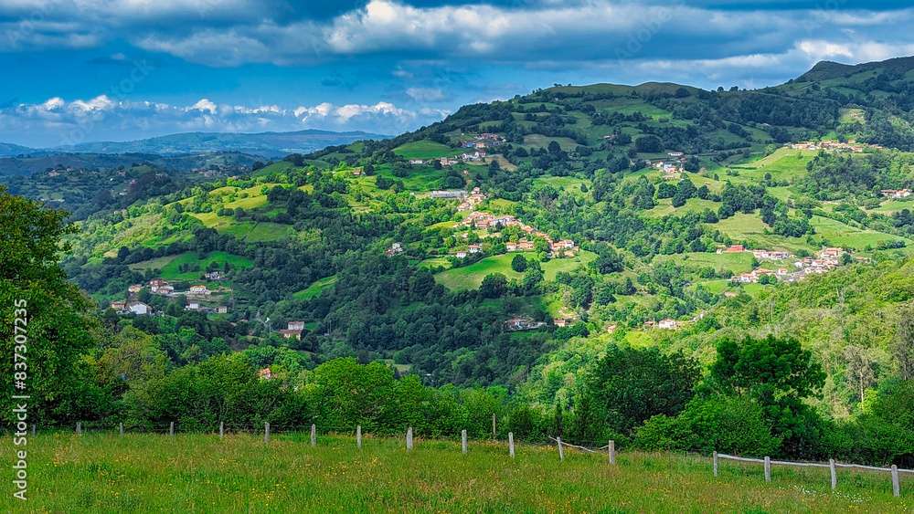 Piñera village and Sierra de Peñamayor in background, Bimenes municipality, Asturias, Spain Piñera village and Sierra de Peñamayor in background, Bimenes municipality, Asturias, Spain