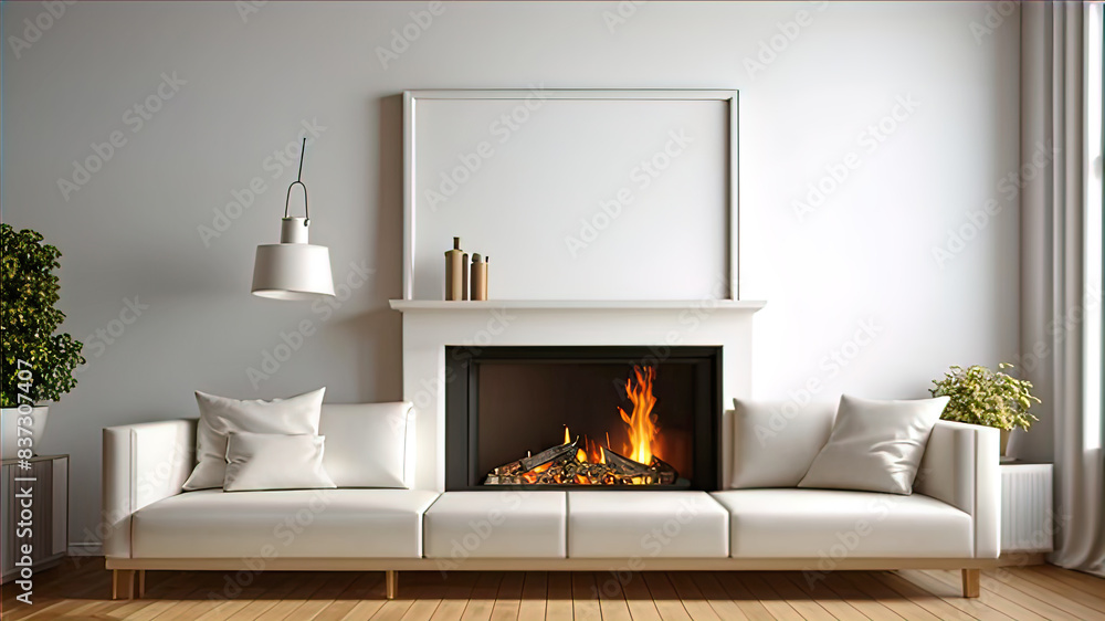 Fototapeta premium cozy place in home interior, soft sofa in front of burning fireplace, wall and photo frame, modern minimalist interior