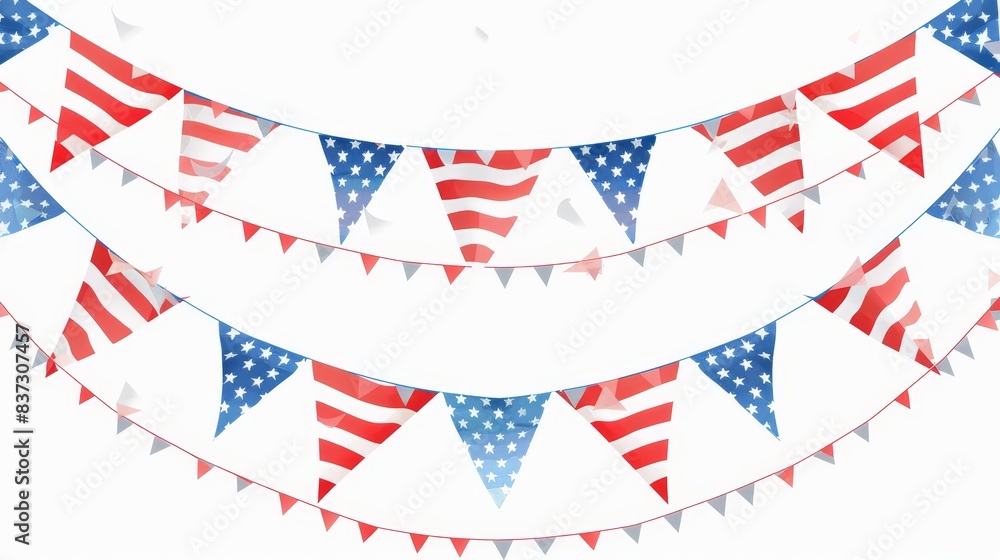 Fototapeta premium Patriotic American flag bunting in a vibrant flat design, highlighting the essence of national pride and liberty, on a white background