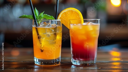 Two Refreshing Cocktails With Orange Garnish on a Wooden Bartop