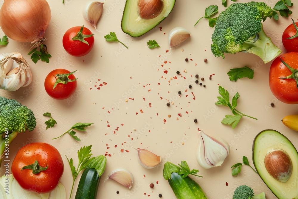 Creative cooking healthy organic food concept background made of colourful fruit and vegetables on beige background flat lay: tomatoes, broccoli, avocado, onion, garlic top view with space for text.