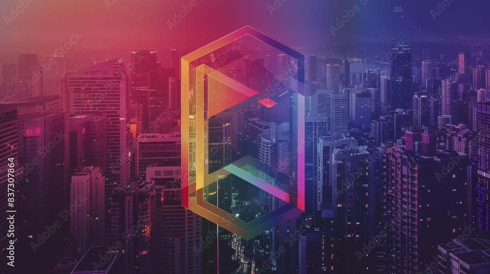 Simple geometric pride logo design, highlighting diversity with high-contrast colors, featured against an urban digital backdrop Simple geometric pride logo design, highlighting diversity with high-contrast colors, featured against an urban digital backdrop