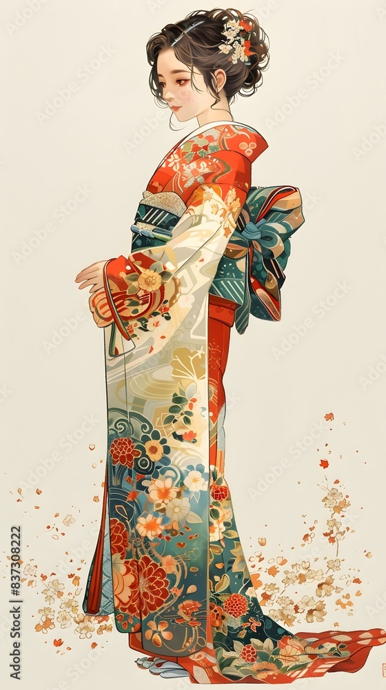 Japanese Woman in Traditional Kimono with Floral Pattern Japanese Woman in Traditional Kimono with Floral Pattern