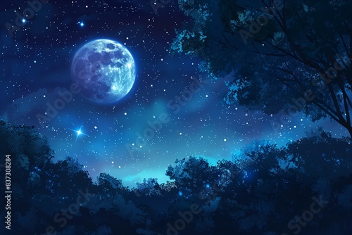 Starry Night Sky with Twinkling Stars and Bright Full Moon