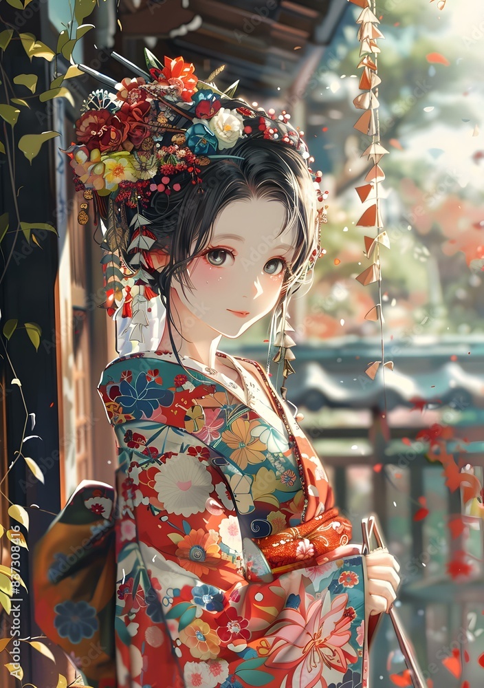 A beautiful Japanese girl with black hair and red kimono standing in a traditional Japanese garden A beautiful Japanese girl with black hair and red kimono standing in a traditional Japanese garden