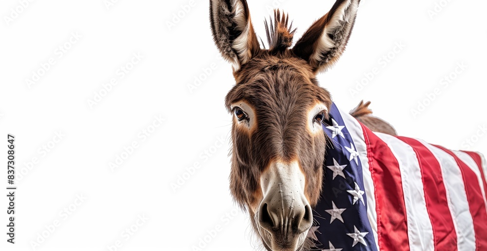 Fototapeta premium Donkey standing with US flag on white background