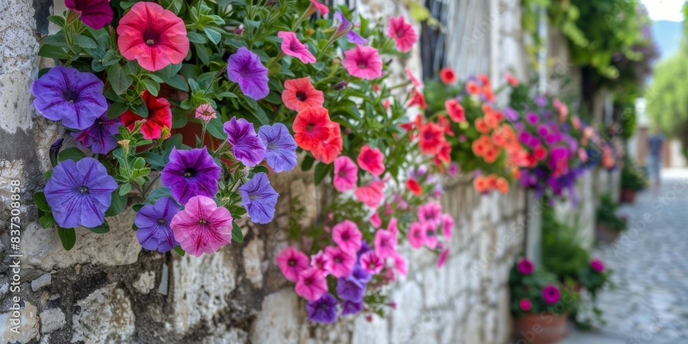 Colorful Petunias Blooming Along Stone Wall in European Town