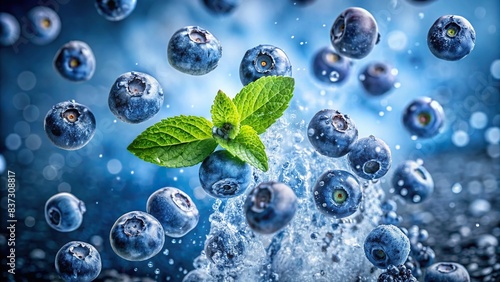 Blueberries and mint leaves covered in water droplets floating in the air on a dynamic background, close-up shot