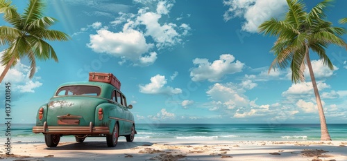 Vintage Car Parked on a Tropical Beach With Palm Trees