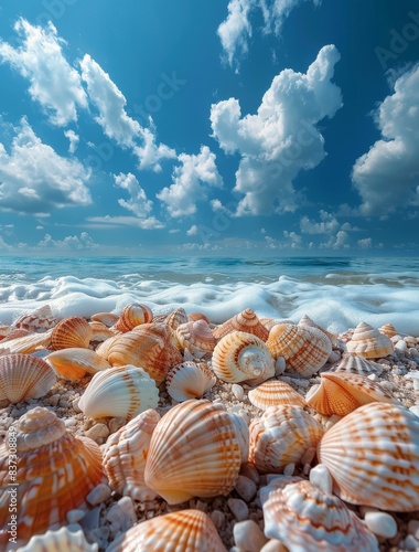 Seashells Scattered On A Sandy Beach Under A Sunny Sky
