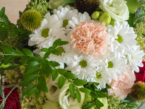 Bouquet of pink, white and green flowers