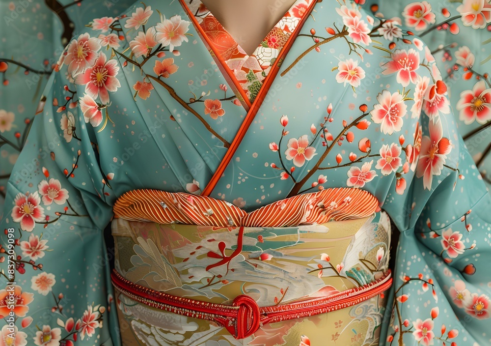 A kimono with a pattern of cherry blossoms A kimono with a pattern of cherry blossoms