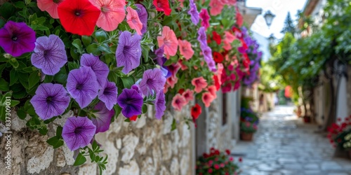 Wallpaper Mural Colorful Petunias Blooming Along Stone Wall in European Town Torontodigital.ca
