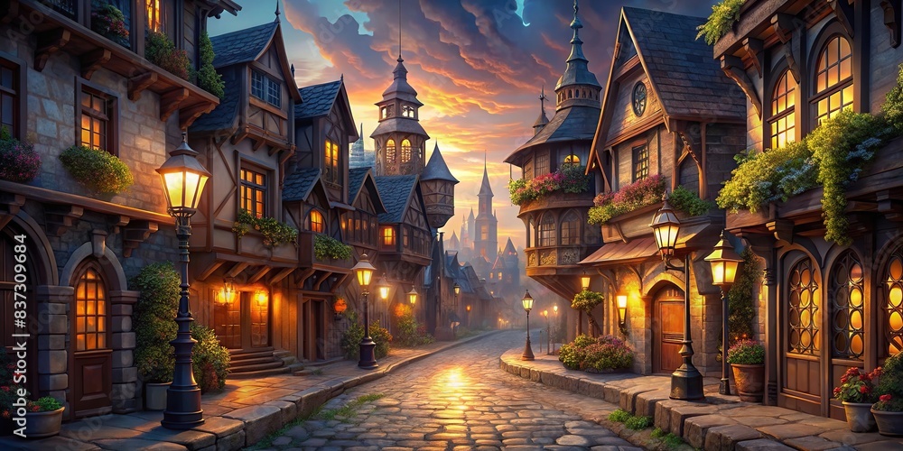 Fantasy city street with magical lanterns, cobblestone paths, and ornate architecture