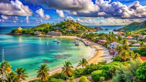 Artistic painting of beautiful beach and town landscape in Antigua and Barbuda