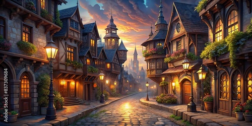 Fantasy city street with magical lanterns, cobblestone paths, and ornate architecture photo