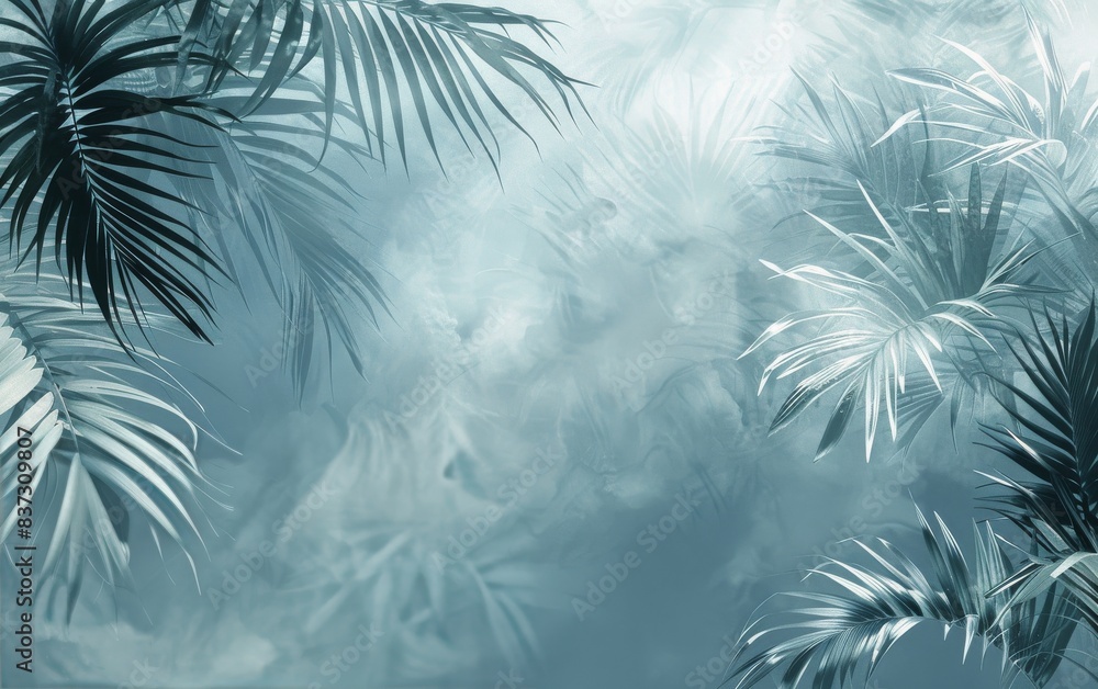 Lush Green Palm Leaves Against a Blue Watercolor Background Lush Green Palm Leaves Against a Blue Watercolor Background