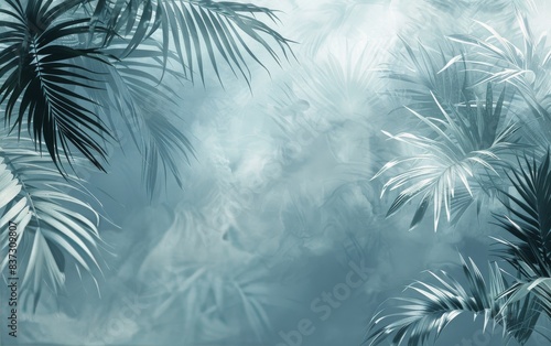 Lush Green Palm Leaves Against a Blue Watercolor Background