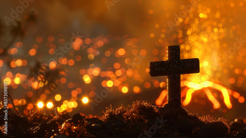 A Christian cross on a hillside during a volcanic eruption in the distance, with the lava glow creating an intense golden bokeh effect in the night sky.