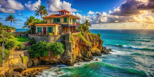 Vibrant painting of a house perched on an ocean cliff in Puerto Rico, North America, featuring artistic focus photo