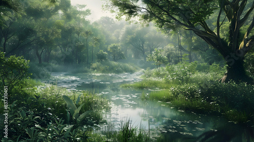 transparent psd  a serene forest river surrounded by lush green trees © dio