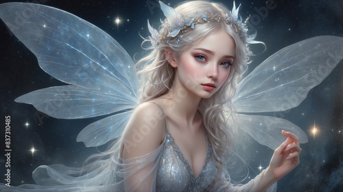 A luminous ethereal fairy, her ethereal form adorned in shimmering silver and opalescent hues, with delicate wings that seem to glow with an inner light. 