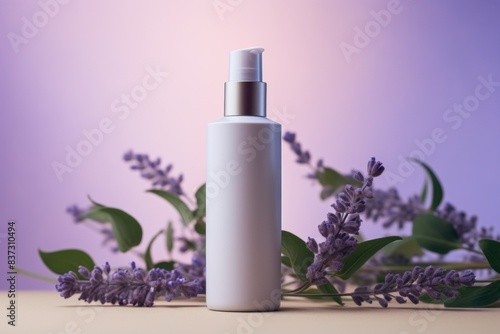Lavender Lotion Bottle with Blossoms on Pastel Background