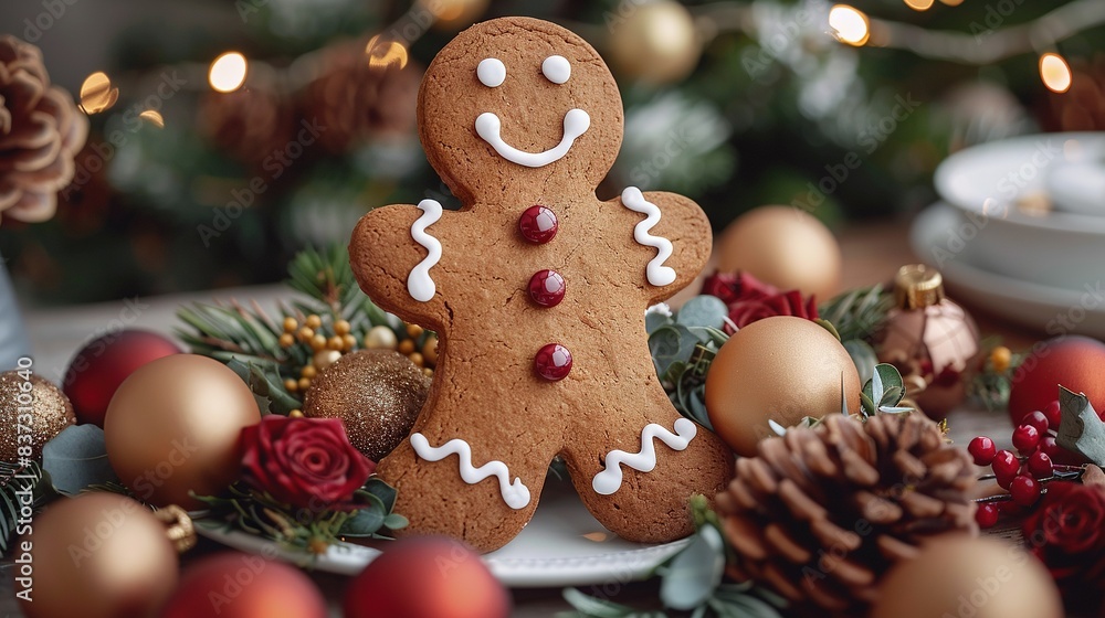 Close-up of Christmas plate with gingerbread man and holiday decorations in background Close-up of Christmas plate with gingerbread man and holiday decorations in background