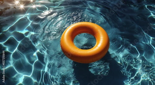 A Single Yellow Inflatable Ring Floating in a Blue Pool on a Sunny Day