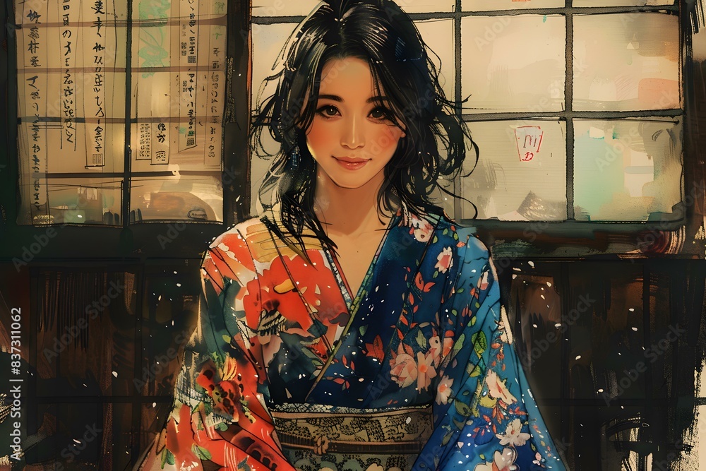 An Asian woman wearing a kimono is sitting in a traditional Japanese room. An Asian woman wearing a kimono is sitting in a traditional Japanese room.