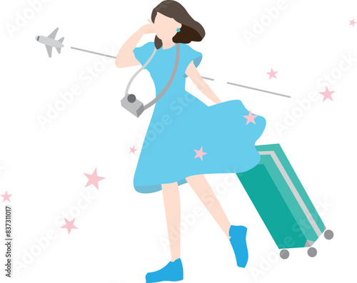 Summer Travel - One Woman - Background with Airplane and Clouds - Vector Illustration