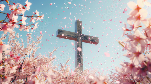 A Christian cross surrounded by blooming cherry blossoms, with petals falling gently around it under a clear spring sky, symbolizing renewal and life.