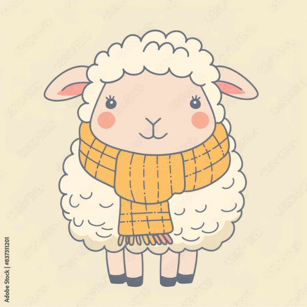Cute cartoon sheep with a yellow scarf, standing on a beige background. Ideal for children's illustrations or playful designs. Cute cartoon sheep with a yellow scarf, standing on a beige background. Ideal for children's illustrations or playful designs.