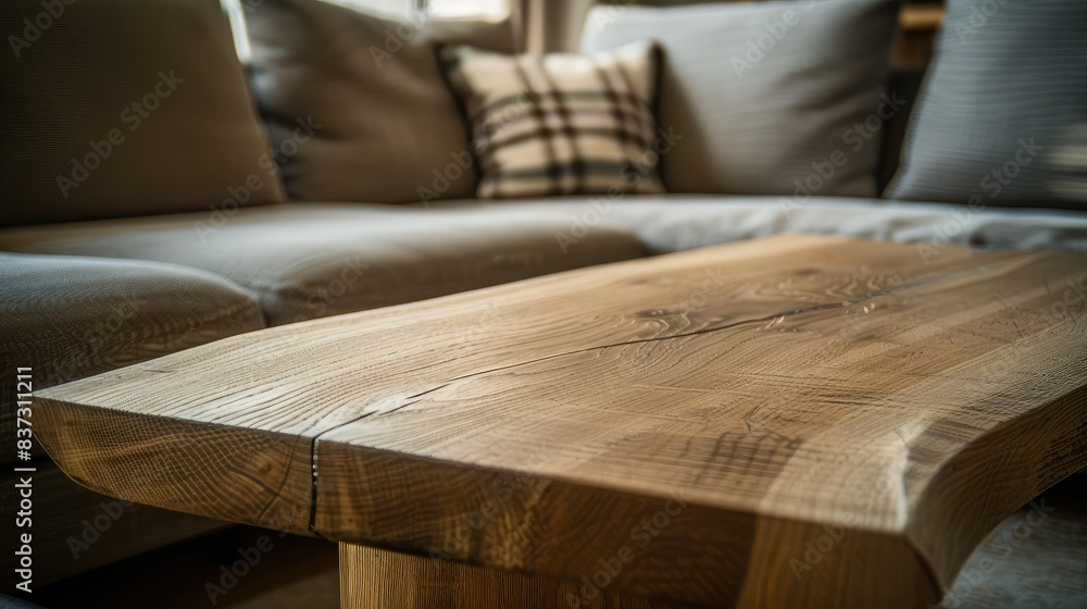 Minimal living room with wooden coffee table near sofa close-up Minimal living room with wooden coffee table near sofa close-up