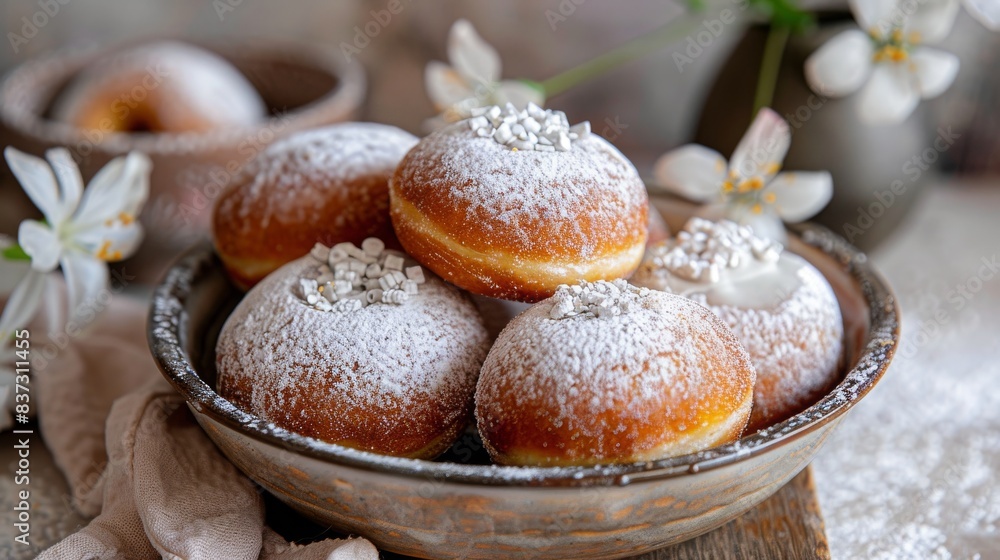 Plate of freshly baked powdered sugar-covered doughnuts, elegantly arranged with white flowers in the background. Concept of dessert, baking, and indulgence.
Plate of freshly baked powdered sugar-covered doughnuts, elegantly arranged with white flowers in the background. Concept of dessert, baking, and indulgence.