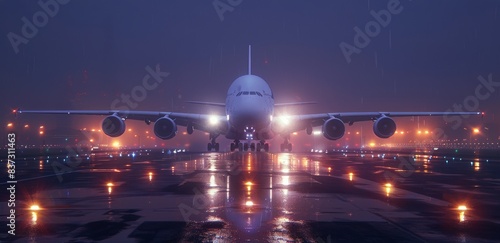 Airplane Taxiing on Runway at Night With Lights Reflecting on Wet Asphalt