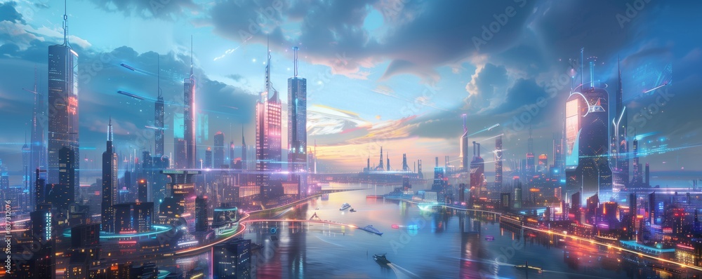Fototapeta premium Futuristic cityscapes with sleek skyscrapers, advanced transportation systems