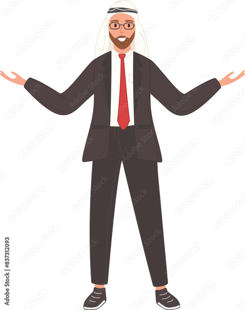An Arab businessman stands confidently in a suit and tie, with his hands extended outward. An Arab businessman stands confidently in a suit and tie, with his hands extended outward.