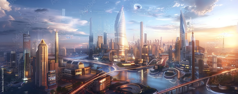 Obraz premium Futuristic cityscapes with sleek skyscrapers, advanced transportation systems