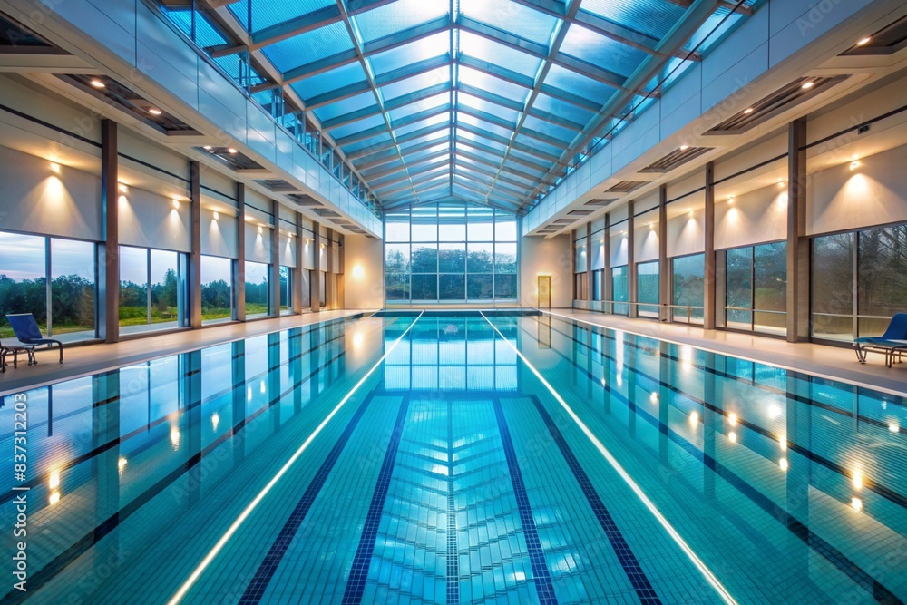A large indoor swimming pool with a glass roof and a blue tiled floor A large indoor swimming pool with a glass roof and a blue tiled floor