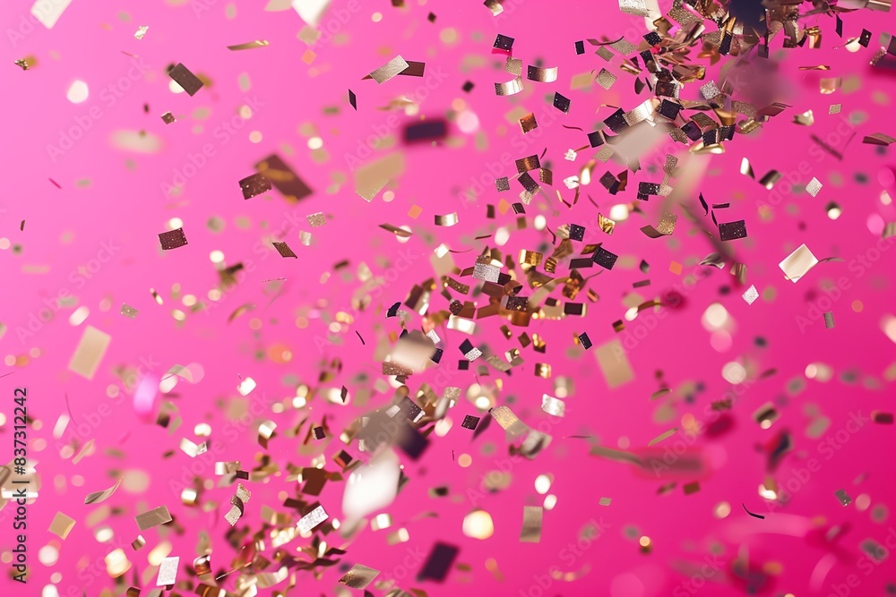 Shimmering Metallic Confetti Cascading on Pink Background Shimmering Metallic Confetti Cascading on Pink Background