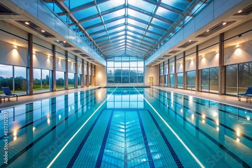 A large indoor swimming pool with a glass roof and a blue tiled floor