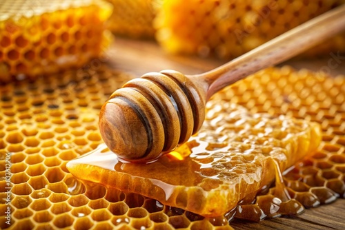 A wooden spoon is dipped into a jar of honey