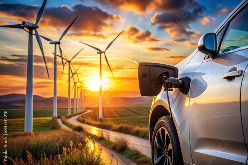 A car is charging at sunset in front of a row of wind turbines