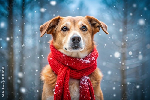 A dog is wearing a red scarf and standing in the snow